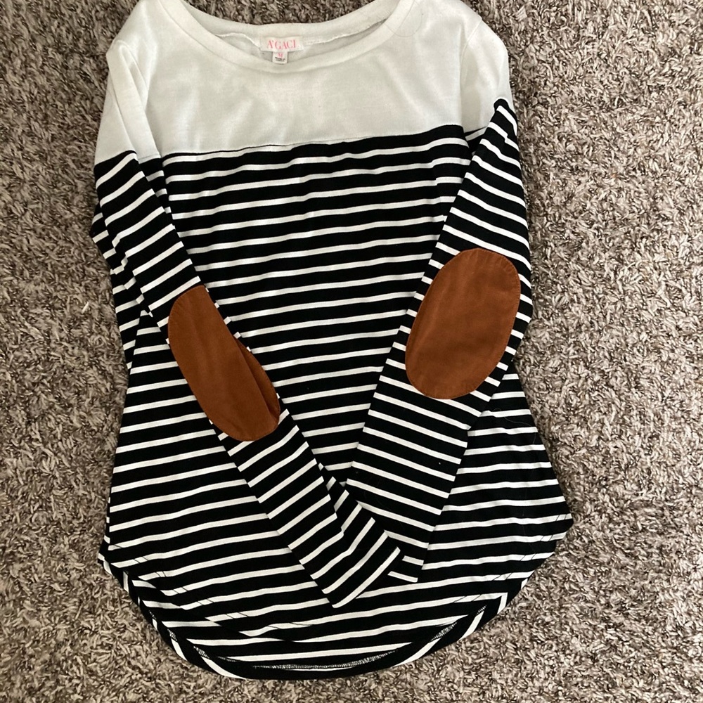 Black and white long sleeve with leather accent